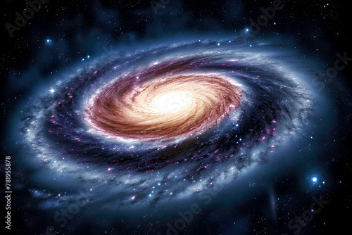 a spiral galaxy in deep space with stars and a light beam