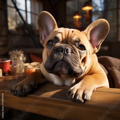 a small tan dog sitting on a wooden table next to some food © Wirestock