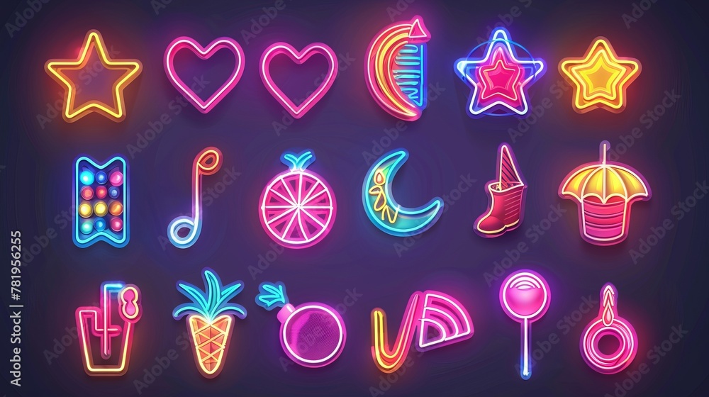 Neon light sign in the style of pop art. Bright banner, bright signboard. Vector illustration Pop art icons set. Set of neon stickers