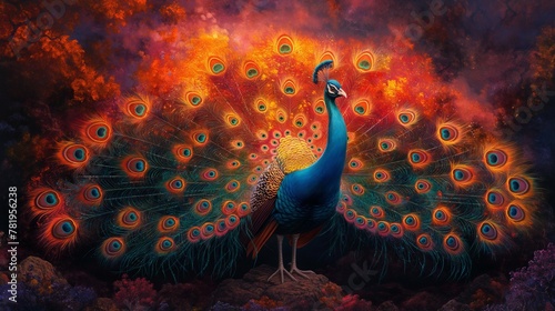 Vibrant peacock displaying spectacular fiery plumage, AI-generated.