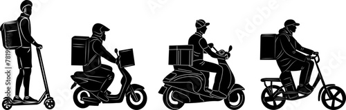 couriers on mopeds and scooters set of silhouettes on a white background vector photo