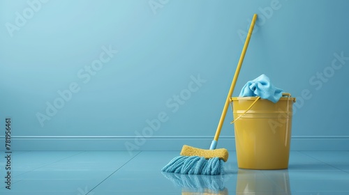 Floor cleaning tools, realistic 3D rag mop and plastic bucket. broom and bucket to clean up. Cleaning supplies for the home and  damp floor concept.  Housekeeping or domestic tasks photo