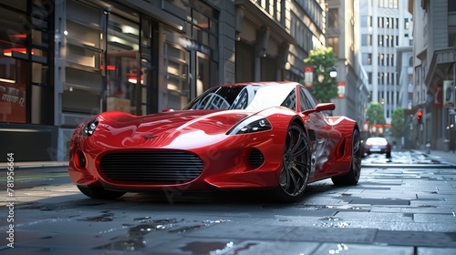 Fast red sports car in a contemporary city. Generic design. 3D rendering 