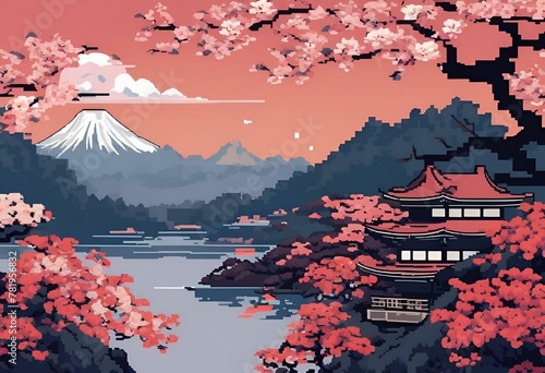 the pixel pixel art painting features cherry trees, pagodas and water