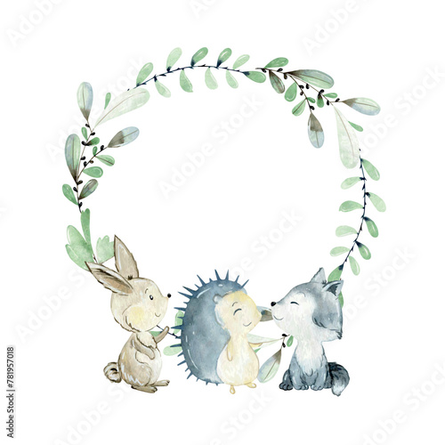 Baby shower wreath. Vector watercolor woodland card with animals.
