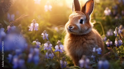 a rabbit in a grassy field full of purple flowers and a sunbeam