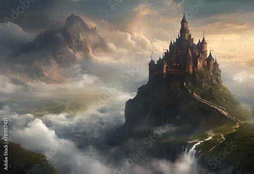 a castle in the middle of a mountain that has fog coming from its roof © Wirestock