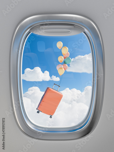 Foto Travel Suitcase Floating with Balloons Viewed from Airplane Window
