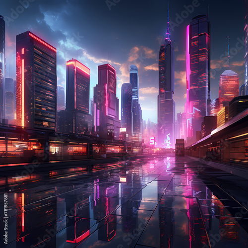 Cyberpunk cityscape with neon-lit skyscrapers.