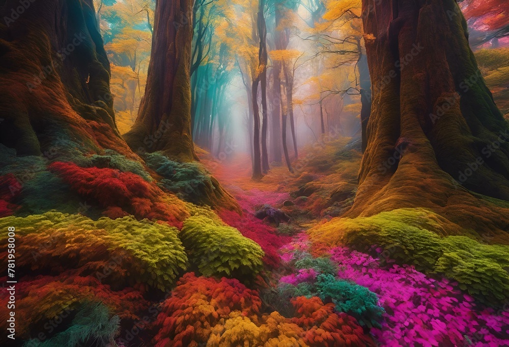 AI generated illustration of a lush forest with sunlight shining through the trees