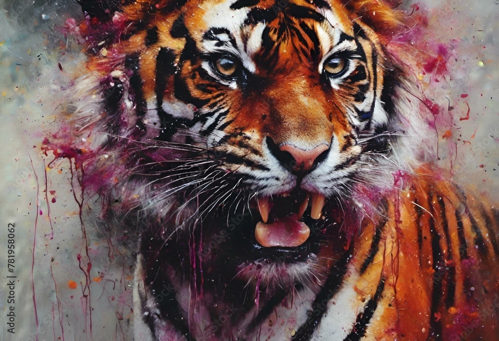 tiger is painted on a canvas, with the colors all over the artwork