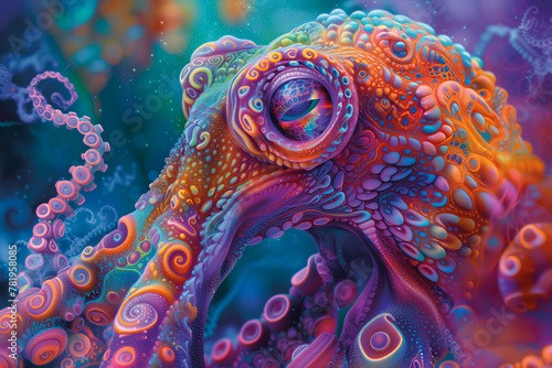 AI generated illustration of a Colorful ocean floor with an octopus