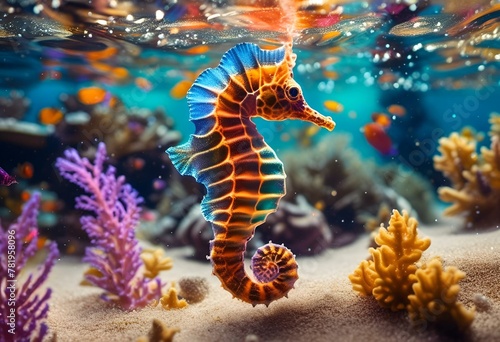 AI generated illustration of a Colorful sea horse swimming among vibrant aquatic plants © Wirestock