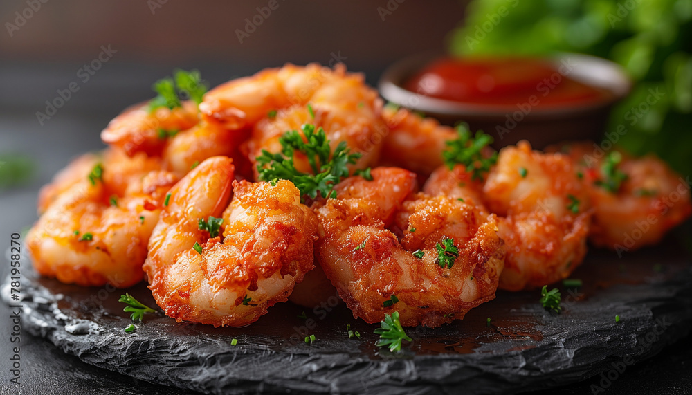 Fried Shrimp with Ketchup on a black slate plate Fried Shrimp with Ketchup on a black slate plate