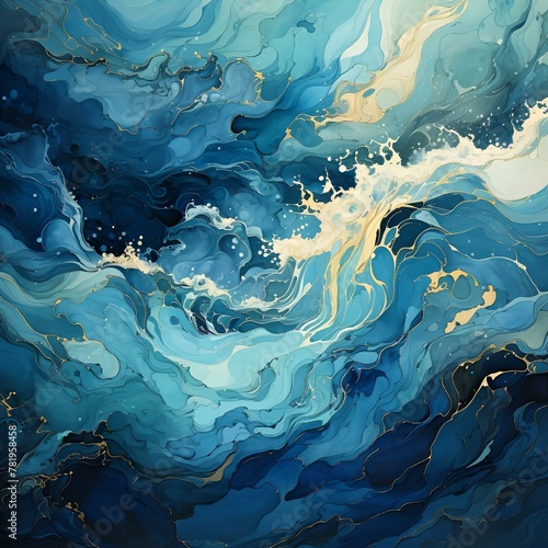 AI generated illustration of an abstract painting with blue wave patterns and accents of gold paint