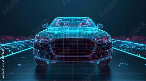 Modern cars' technological underpinnings: futuristic concept (wireframe frontal intersection) with three-dimensional illustration photo