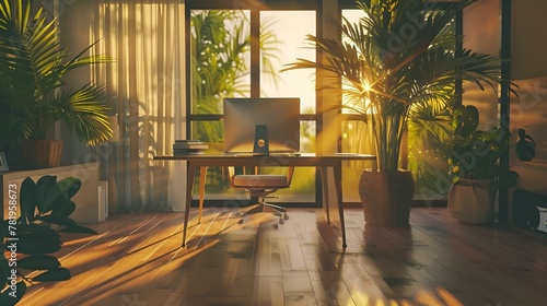 AI generated illustration of a sunlit room adorned with an abundance of plants and large windows photo