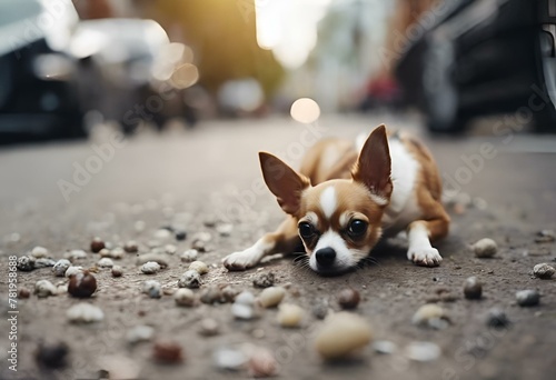 AI generated illustration of a chihuahua dog crouched on the street staring at the camera photo