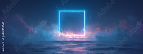 abstract neon background with glowing square frame on dark stage podium platform illuminated with smoke and fog