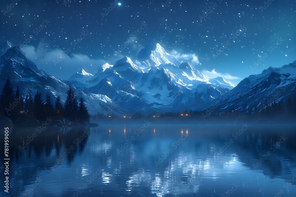 Serene Starlit Peaks and Reflective Lake. Concept Landscape Photography, Night Sky, Mountain Vista, Water Reflections
