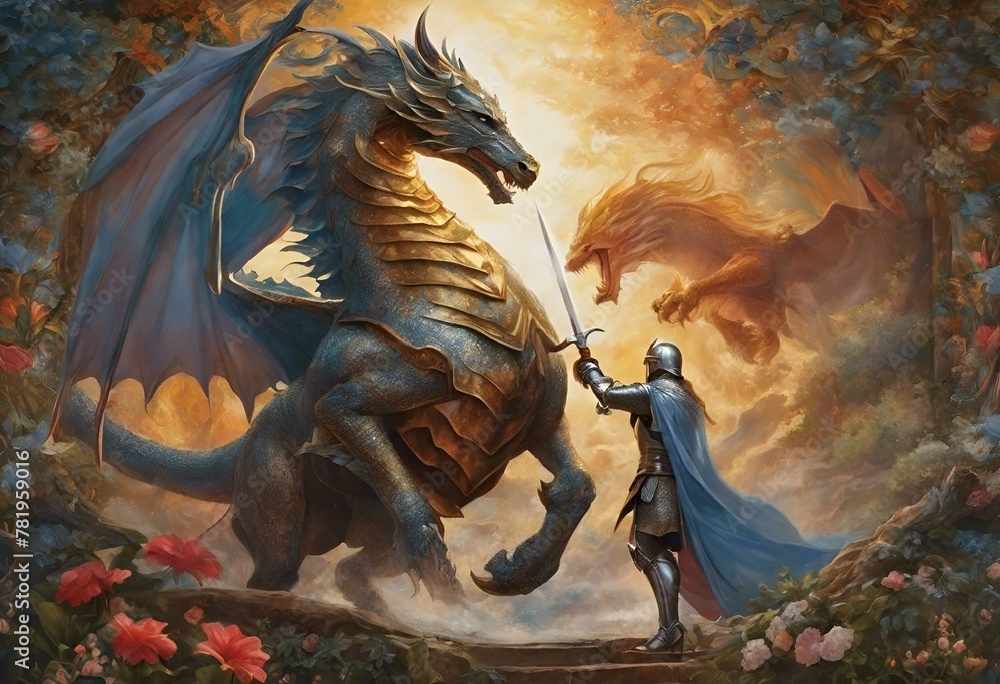 AI generated illustration of a knight wielding sword challenges dragon ...