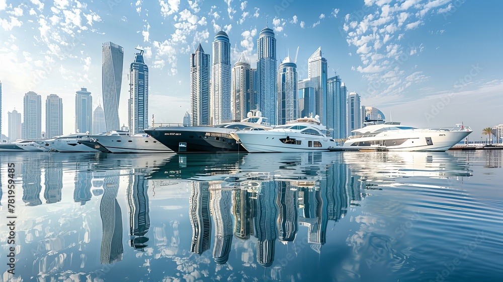 View Dubai Marina skyscrapers and luxurious super yacht marina, United Arab Emirates - obrazy, fototapety, plakaty 