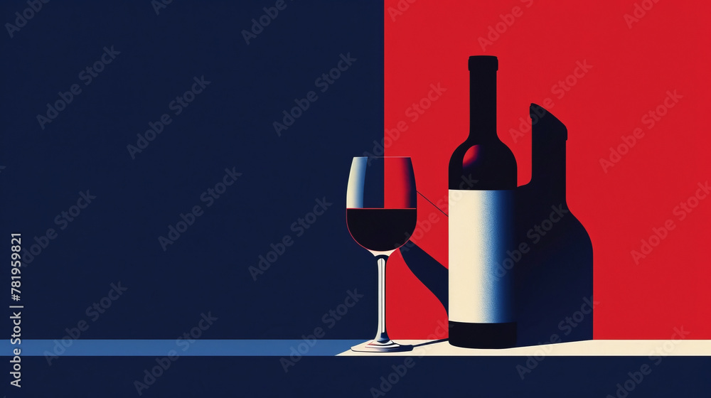 Illustration of a bottle of wine and a glass of wine in a minimal style - obrazy, fototapety, plakaty 