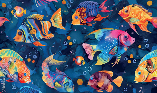 seamless watercolor dark colorful pattern with fishes