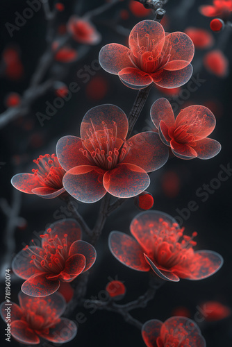 fractal flowers, nature photography, Chinese Red Plum Blossom ,dark background
