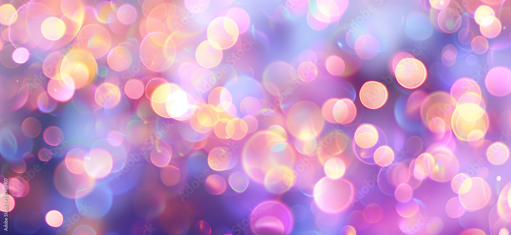 Blurred background with pastel bokeh lights in shades of lavender and pink, creating an enchanting atmosphere for festive or romantic events