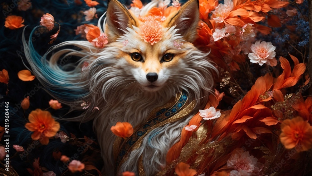 AI generated illustration of a fox surrounded by floral elements in vibrant orange and blue hues