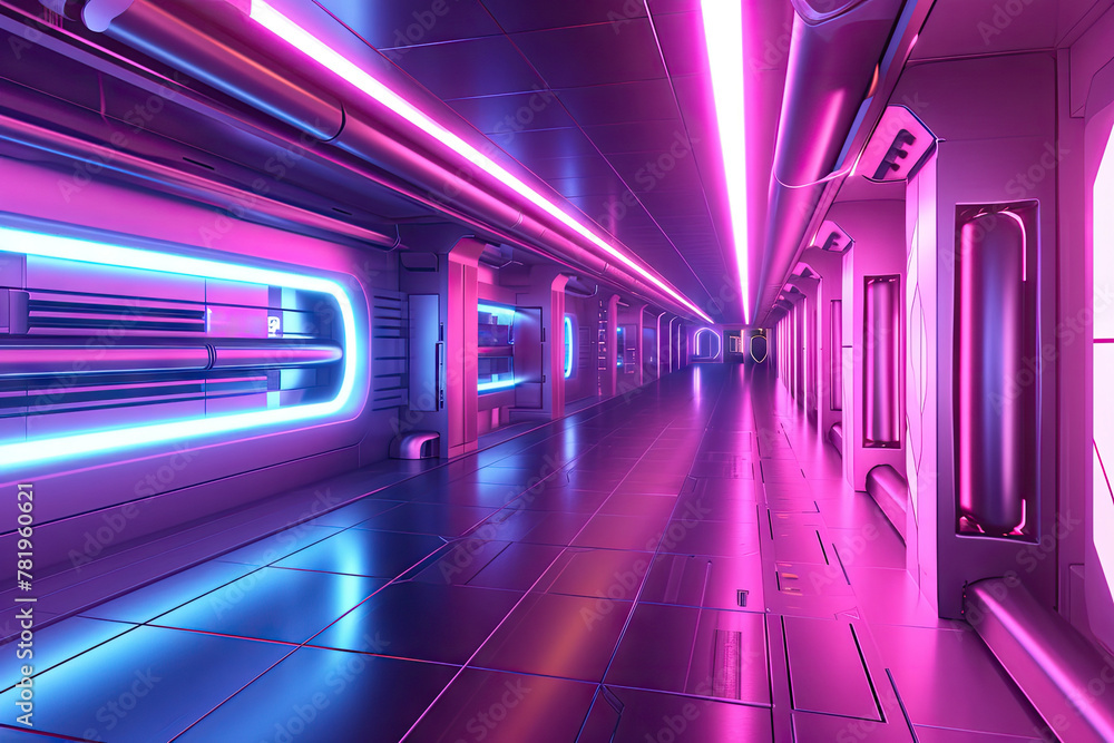 Fototapeta premium Luminous Neon Infused Futuristic Corridor Sleek Lines, Immersive Design