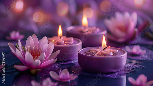 three candles with little lotus flowers on a purple background