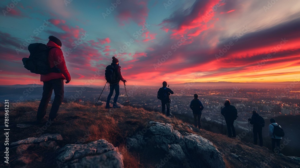 Group of people hiking up a hill during sunset, with a cityscape in the background, AI-generated.