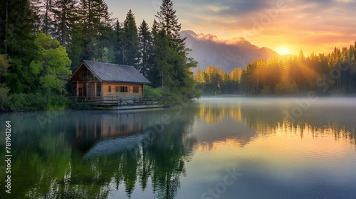 Cozy lakeside cabin nestled amidst a serene forest at sunrise, AI-generated.