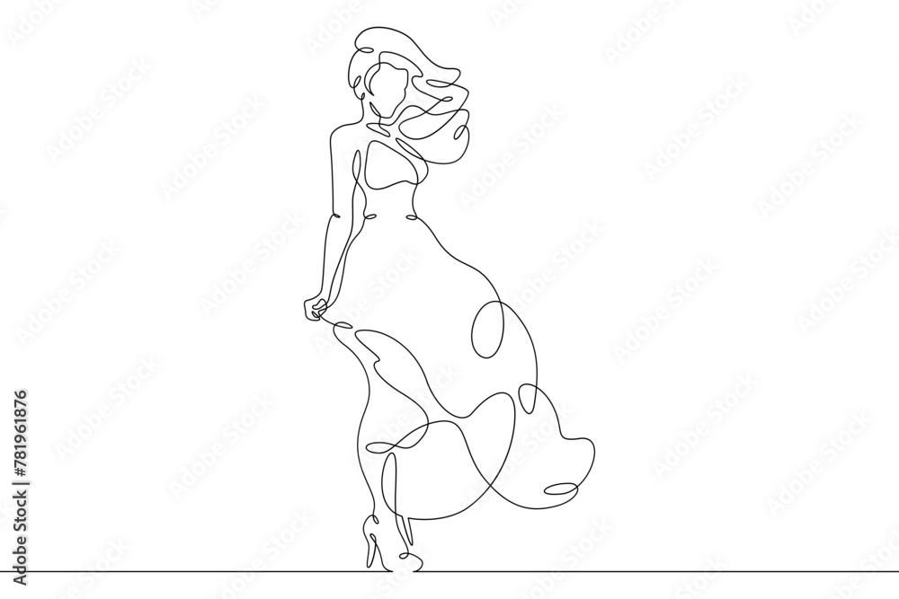 One continuous line.A woman in a beautiful dress. Women's fancy dress. Female character in a holiday dress. Long pretty hair. Portrait of a young woman. One continuous line is drawn on a white backgro