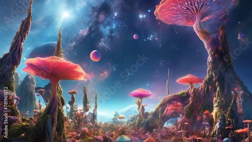 AI generated illustration of colorful mushrooms create a vibrant and psychedelic atmosphere