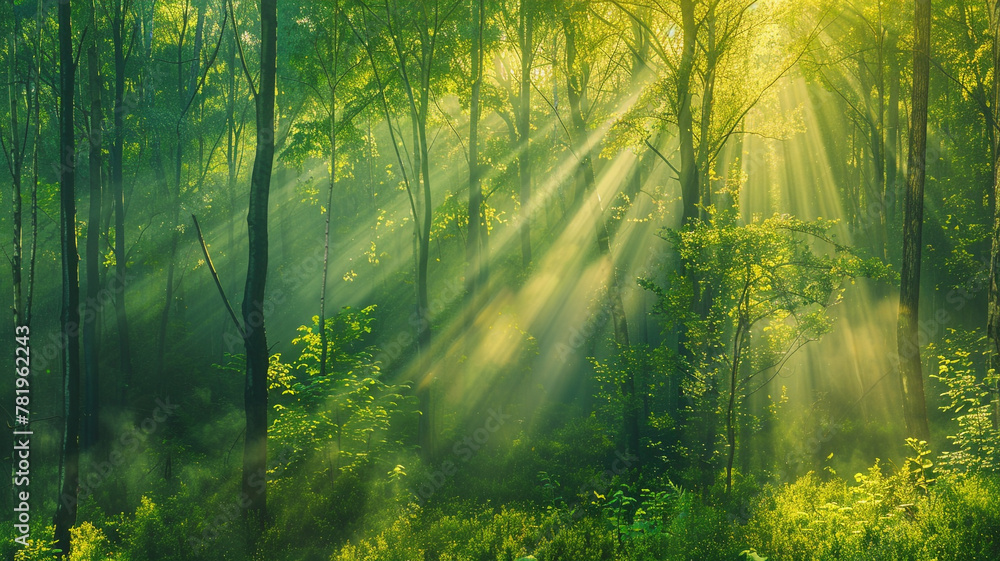 Beautiful green forest panorama with tall trees and sunlight rays shining through the leaves, Nature landscape background, spring nature landscape background - obrazy, fototapety, plakaty 