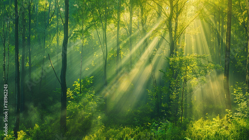 Beautiful green forest panorama with tall trees and sunlight rays shining through the leaves  Nature landscape background  spring nature landscape background