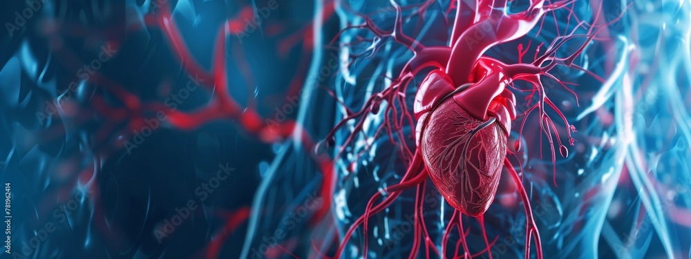 A background depicting the human circulatory system with arteries, veins, and a beating heart in a transparent view. (Consider specifying other systems like nervous or respiratory) - obrazy, fototapety, plakaty 