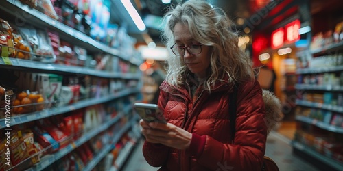 A busy mature blonde woman shops for groceries, texting on her phone in the supermarket aisle.