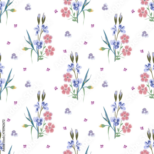 Vector seamless floral pattern on a white background, a bouquet of small blue-lilac flowers and pink wild carnations in pastel light colors, pattern for design of fabric