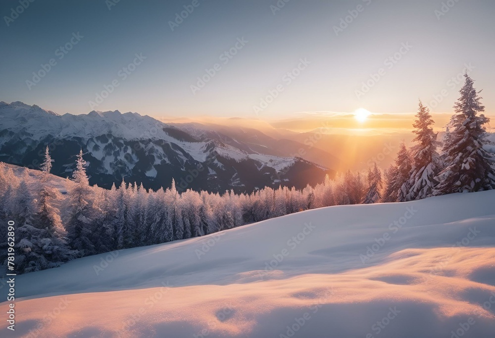 AI generated illustration of a sunset illuminating snow-covered mountaintops and trees