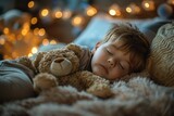 Innocence shines in the portrait of a cute, sleeping toddler with his soft teddy bear.