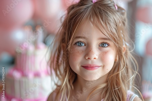 A positive portrait of an adorable girl at a birthday party with a big cake on a backdrop.