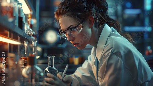 Female scientist in white coat and mask holding test tube with liquid working in laboratory