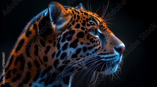 AI generated illustration of a Close-up of a vibrant leopard face in low light