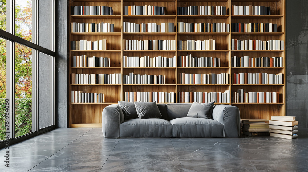 Modern living room interior with a sofa and bookshelves near a window Modern living room interior with a sofa and bookshelves near a window