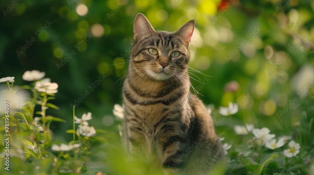 AI generated illustration of a tabby cat sitting on green grass