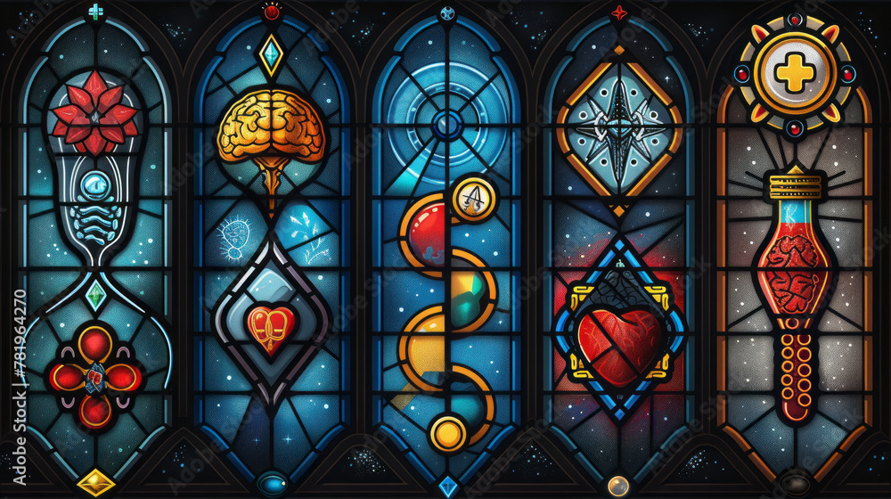 Stained glass icons with a medical theme.  